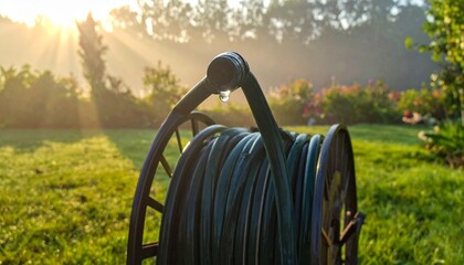 Black horse grazing peacefully in golden hour meadow.
