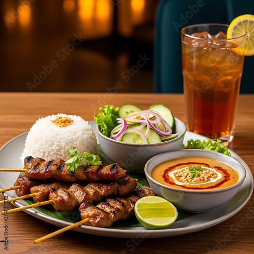 Grilled Chicken Satay Skewers Served with Rice and Iced Tea on Wooden Table
