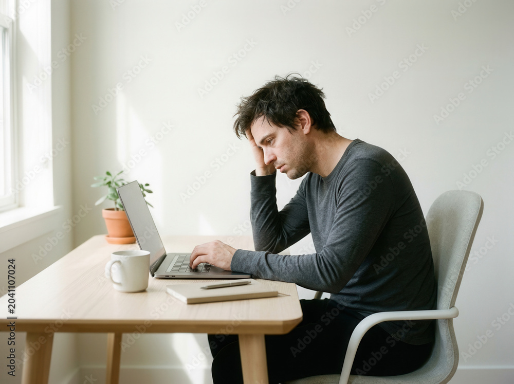 Fototapeta premium Frustrated Man Working At Home On Laptop, Suffering From Workplace Stress and Overwhelm