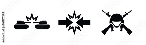 Tableau sur toile Set of black war and conflict icons including battling tanks, impact arrows with explosion, and a military helmet with crossed assault rifles