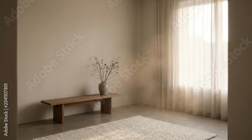 Minimalist Living Room with Wooden Bench, Vase of Dried Flowers, and Light Curtains