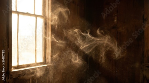 Dust Particles and Sunlight Streaming Through Old Wooden Window in Dim Room