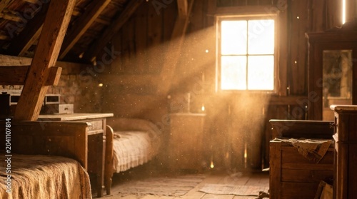 Cozy rustic attic bedroom with sunlight streaming through window and wooden furniture