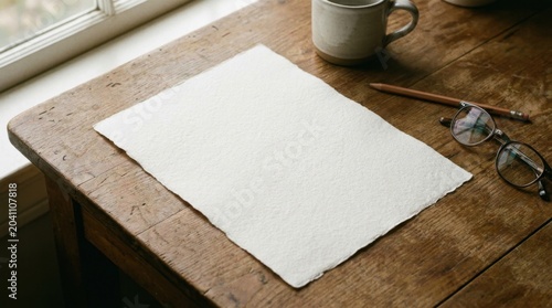 Rustic Wooden Desk with White Paper, Coffee Mug, Glasses, and Pen