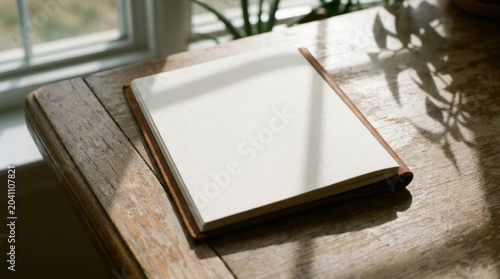 Open blank notebook on wooden table with sunlight and plant shadow
