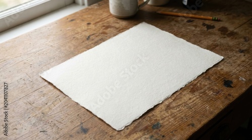 Plain White Paper Sheet on Wooden Table Surface in Natural Light