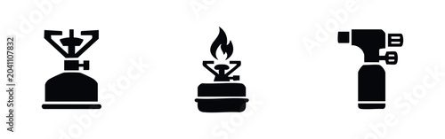 Bild auf Leinwand Set of minimalist black icons featuring portable camping stoves and a gas blowtorch, perfect for outdoor gear and adventure graphics