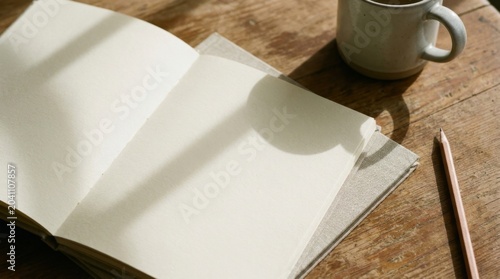 Open blank notebook on wooden table with shadow and ceramic mug nearby