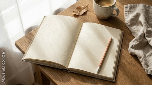 Open blank notebook on wooden table with mug and cloth in cozy morning setting