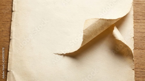 Blank aged paper with curled corner on wooden surface background for vintage design