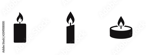 Photos Set of three black candle icons with burning flames, including a pillar, taper, and tealight, isolated on a white background