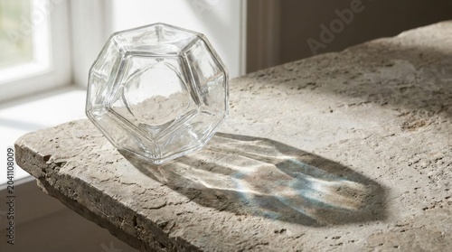 Clear hexagonal glass bowl casting shadow on textured stone surface near a window