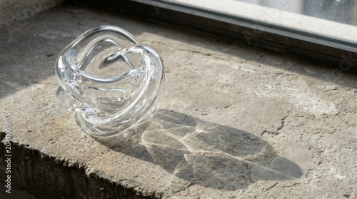 Clear glass sculptural heart with shadow on windowsill by sunlight