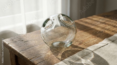 Clear Glass Water Bowl on Wooden Table with Natural Light and Shadow