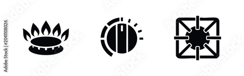 Fotografie Set of black icons featuring a gas stove burner with flames, a control knob, and a stove grate
