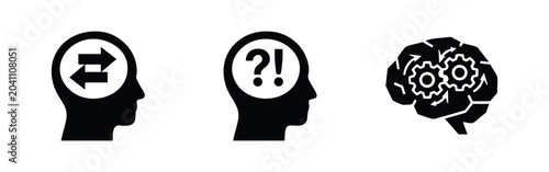 Foto Set of three minimalist icons symbolizing mental processes, cognitive thinking, questioning, and logical reasoning within the human mind
