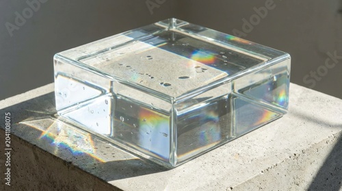 Clear glass block resting on concrete surface with rain drops and light reflections
