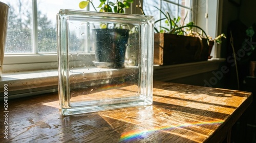 Sunlight Shining Through Clear Glass Vase on Wooden Surface Near Window