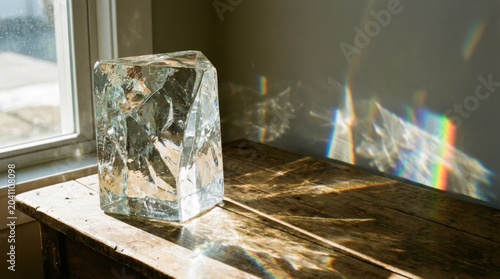 Clear Ice Block on Wooden Surface Near Window with Light Reflections