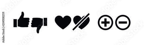 Foto Set of black minimalist icons for user feedback featuring thumbs up, thumbs down, hearts, and plus-minus symbols on a clean white background