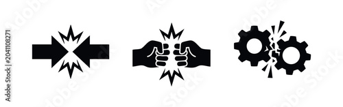 Photos Set of black conflict and collision icons featuring clashing arrows, punching fists, and broken gears representing impact, friction, and failure