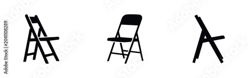 Bild auf Leinwand Set of three black folding chair silhouettes from different angles, ideal for minimalist design icons and furniture illustrations on white background