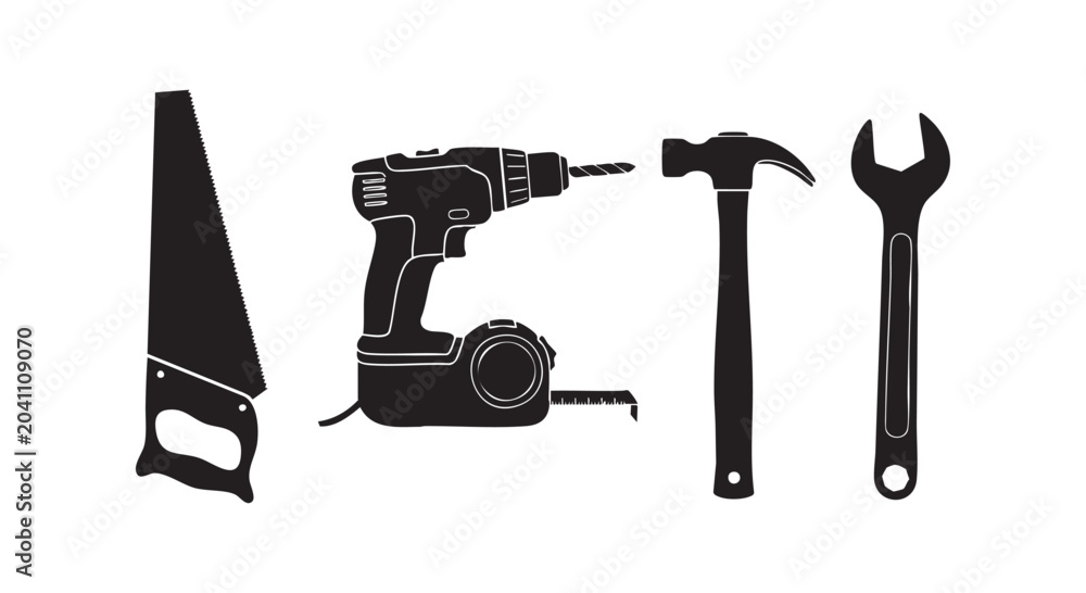 Fototapeta premium Tool icons set with saw drill hammer wrench measuring tape for construction and DIY projects isolated on white.
