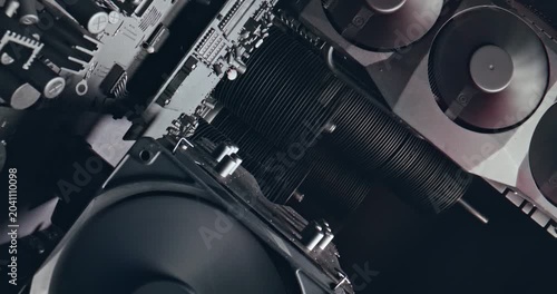 Camera move along components. Working motherboards, graphic cards and fans.