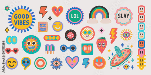 Bild auf Leinwand Nineties Retro Pop Aesthetic Vector Stickers Featuring Hearts Rainbows And Text