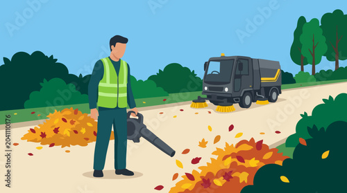 Obraz na płótnie Street cleaner with leaf blower and street sweeper truck in autumn