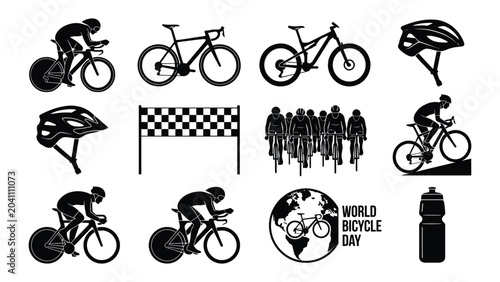 World bicycle day icons set with cyclists racing bikes and helmets on white background