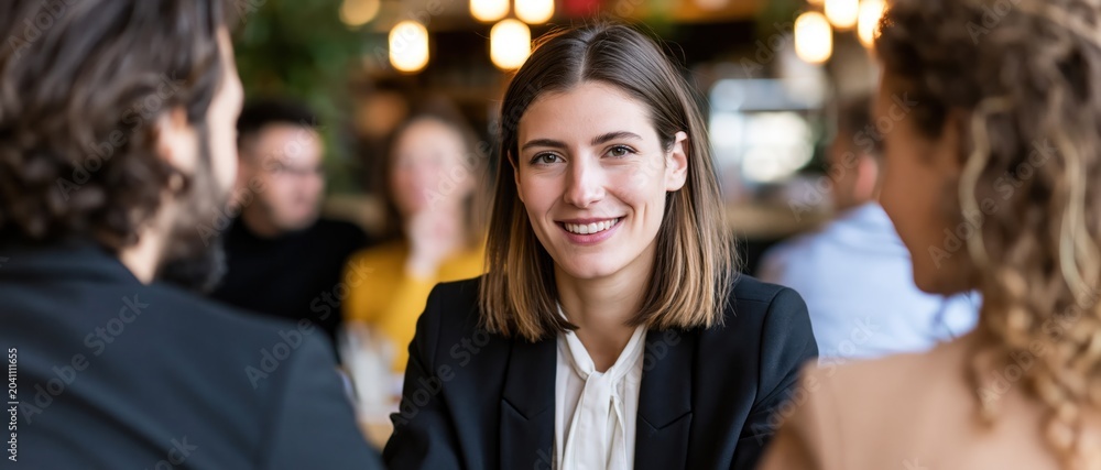 Fototapeta premium A confident young woman smiles while engaging with two colleagues in a modern, vibrant cafe setting, showcasing professionalism and social interaction among peers.