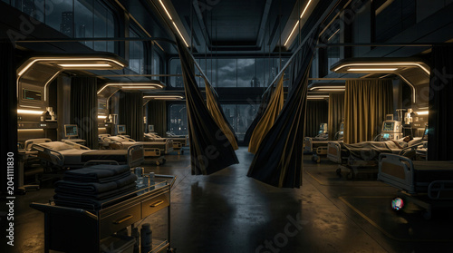Futuristic Hospital Ward: High-Tech Medical Care Amidst Moody And Atmospheric Lighting