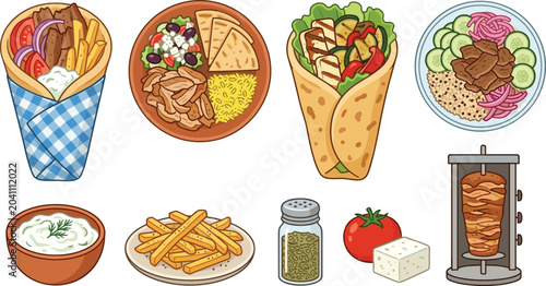 Mediterranean and Greek Food Vector Illustration Featuring Gyro, Pita, Chicken, Salad, Rice, Tzatziki, Feta, Tomato, Fries, and Rotisserie Meat for Cuisine and Food Design Projects