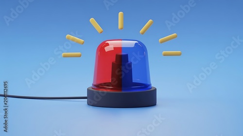 Red and blue emergency siren light with glowing yellow rays on black base against blue background, symbolizing alertness and urgency illustration