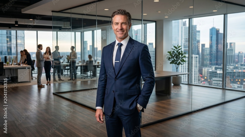 Fototapeta premium Successful corporate executive standing in modern open plan office with team in background