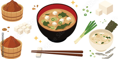 Bild auf Leinwand Miso Soup and Japanese Ingredient Vector Illustration Featuring Tofu, Seaweed, G
