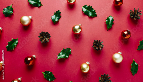 Christmas Ornaments and Holly Leaves on Red Background