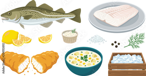 Foto Fish and Seafood Cuisine Vector Illustration Featuring Whole Fish, Fillet, Fried