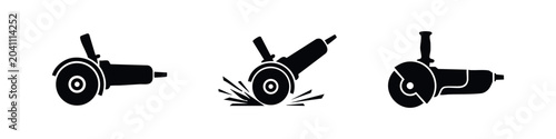 Fotografija Angle grinder icons: power tool with cutting disc, sparks, and various angles