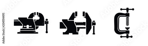 Work holding device icons set. Bench vise, machine vise, and C-clamp silhouettes for workshop tasks.