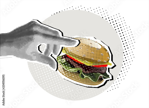 Konstfotografi hand holding hamburger isolated retro halftone with layered burger ingredients l