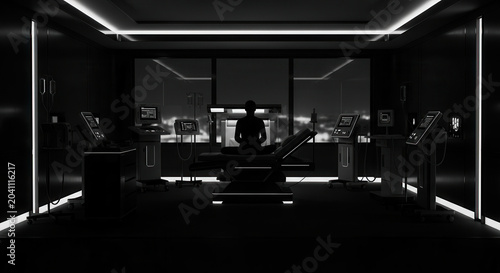 Futuristic Treatment Room with Medical Equipment and Patient Silhouette at Night.