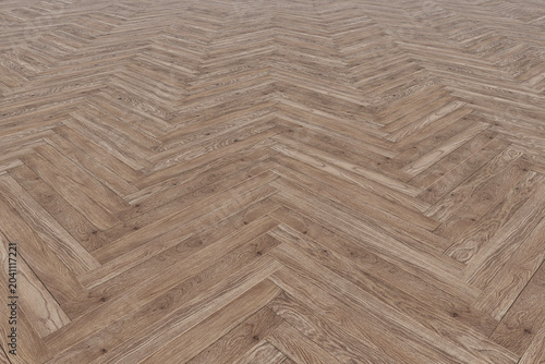 Wide perspective 3D render of timeless herringbone pattern wooden parquet flooring. High-quality interlocking hardwood laminate floor texture stretching into perspective.