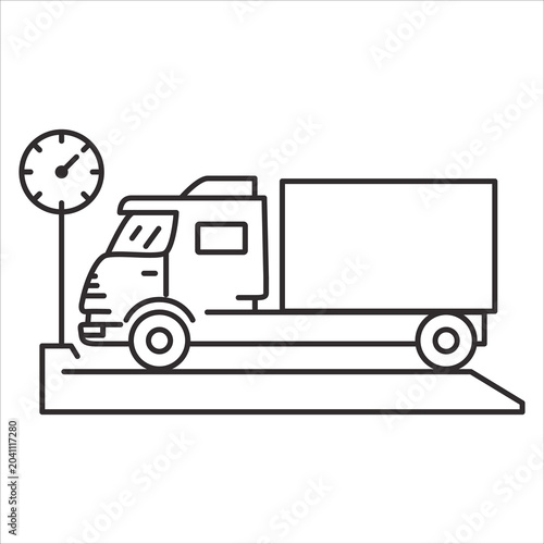 Weigh station with truck.Weighing the car.Truck weight line icon.Vehicle weighing.Outline vector. Isolated on white background.