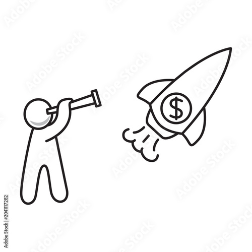 The character watches through a telescope the flight of a rocket with a dollar symbol.Vector illustration.