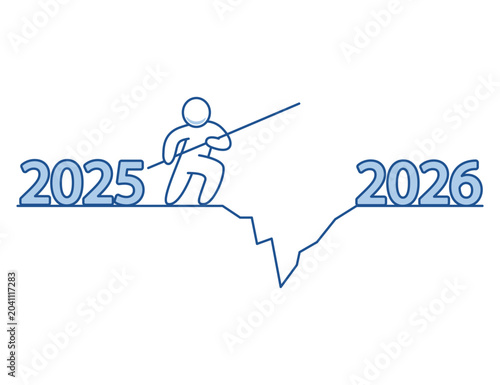 The character jumps from 2025 to 2026.Business outlook.Vector illustration.Motivation for success.