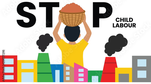 Foto child carrying basket flat illustration vector cityscape