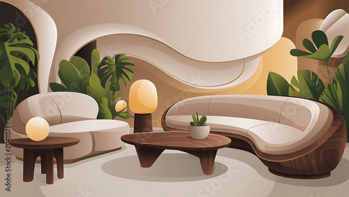 Modern living room vector illustration curved furniture sofa