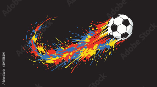 Classic soccer ball with vibrant paint splash trail on black background